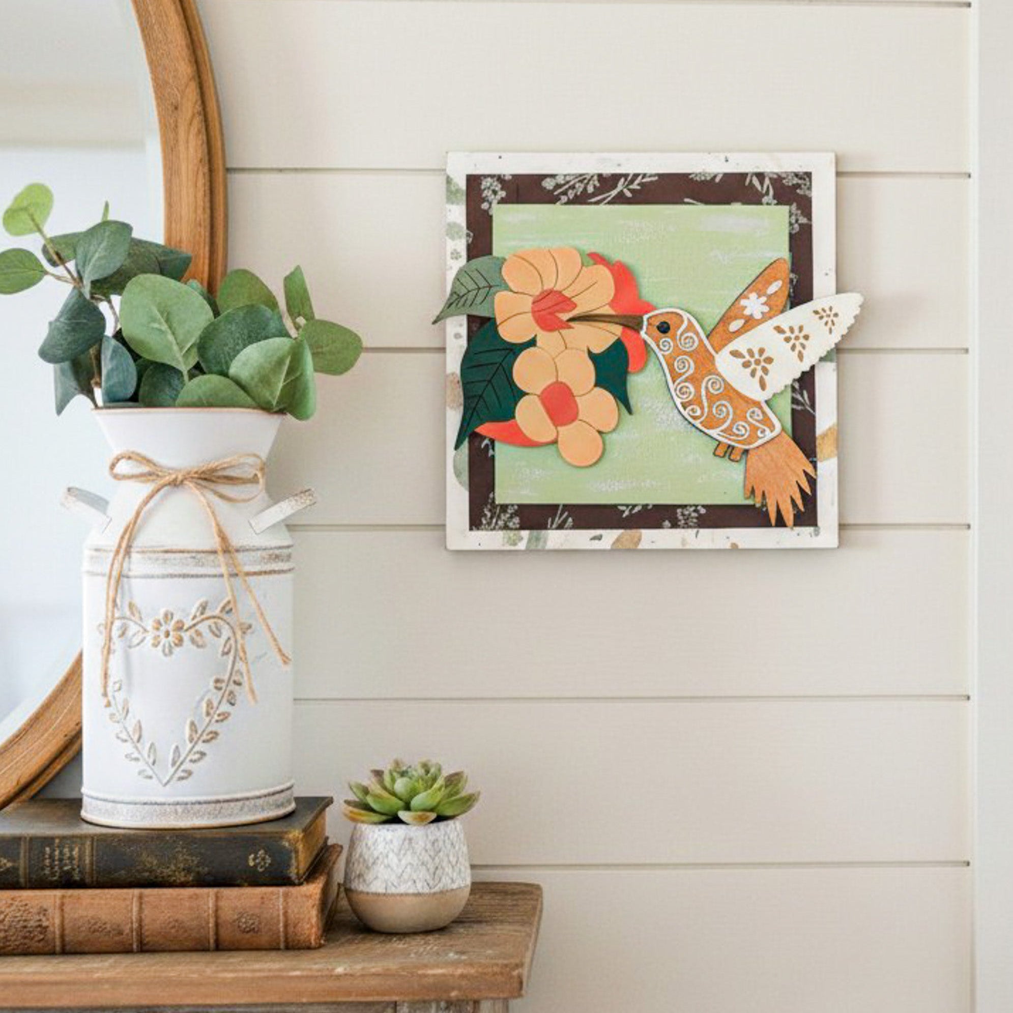 Hummingbird trumpet vine wall art by Farmhouse Whimsy featuring a vibrant hummingbird among trumpet vine flowers.