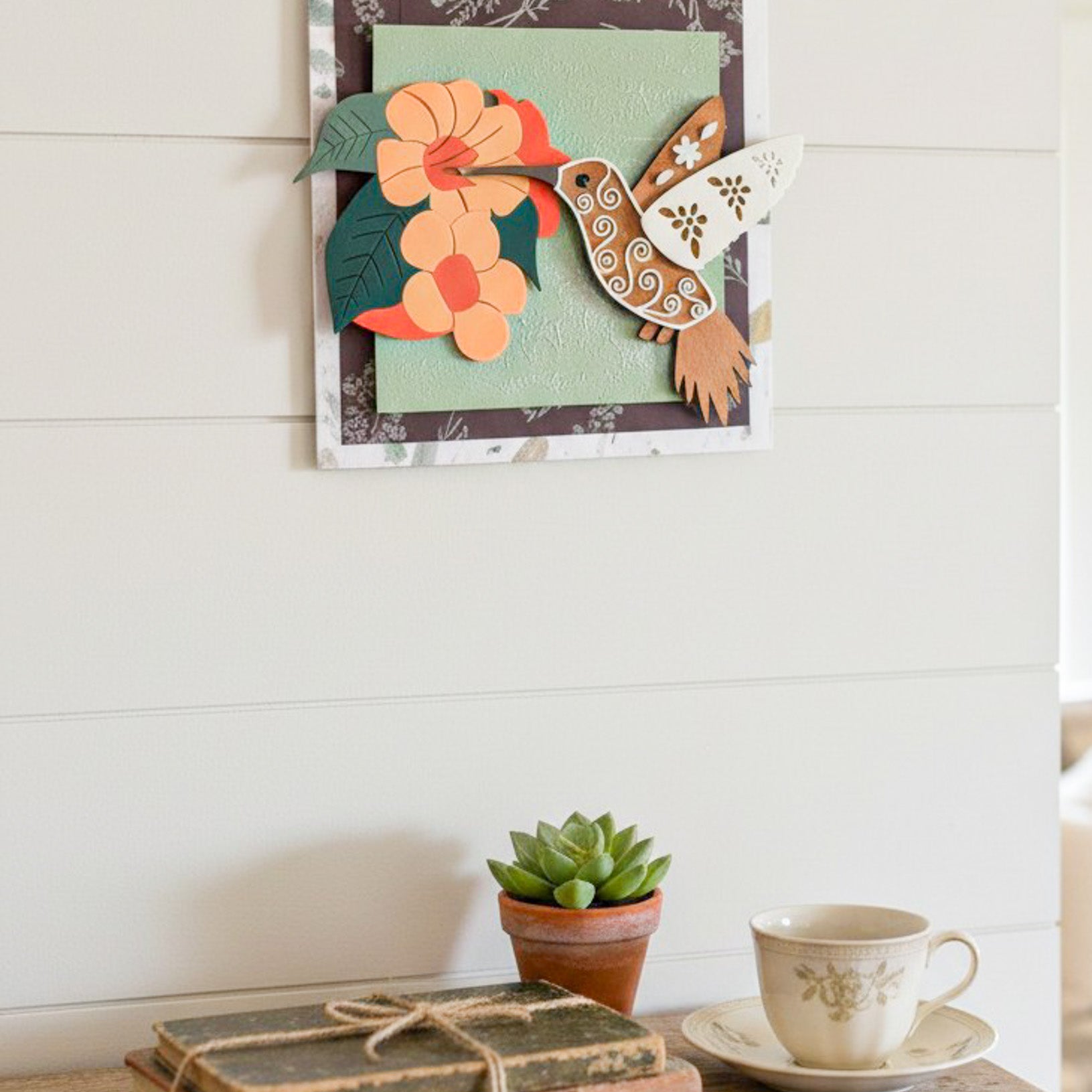 Hummingbird and trumpet vine wall art by Farmhouse Whimsy, featuring colorful hummingbird and floral design for home decor.