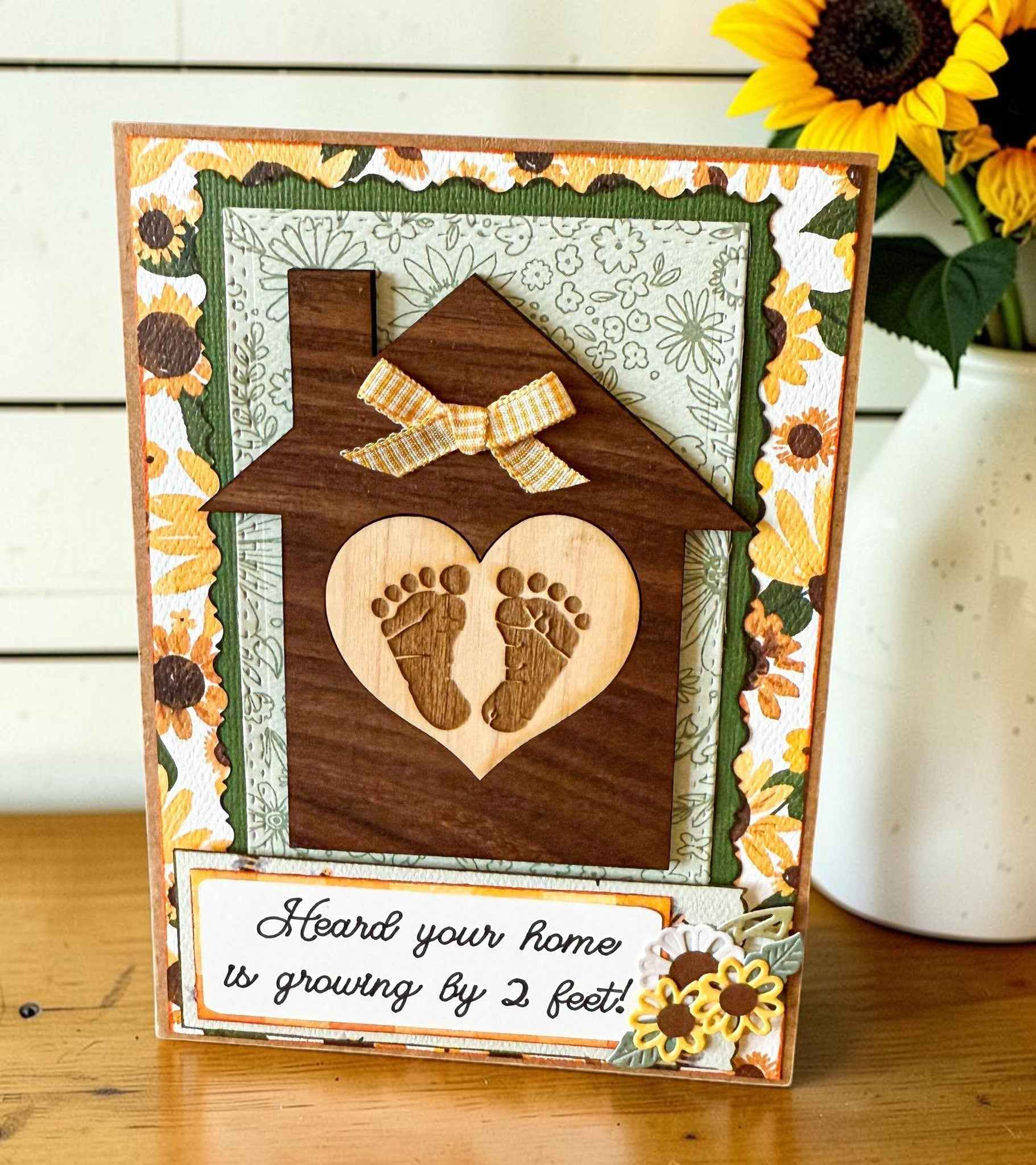 Farmhouse Whimsy sunflower baby shower greeting card with bright sunflower illustrations and floral accents.