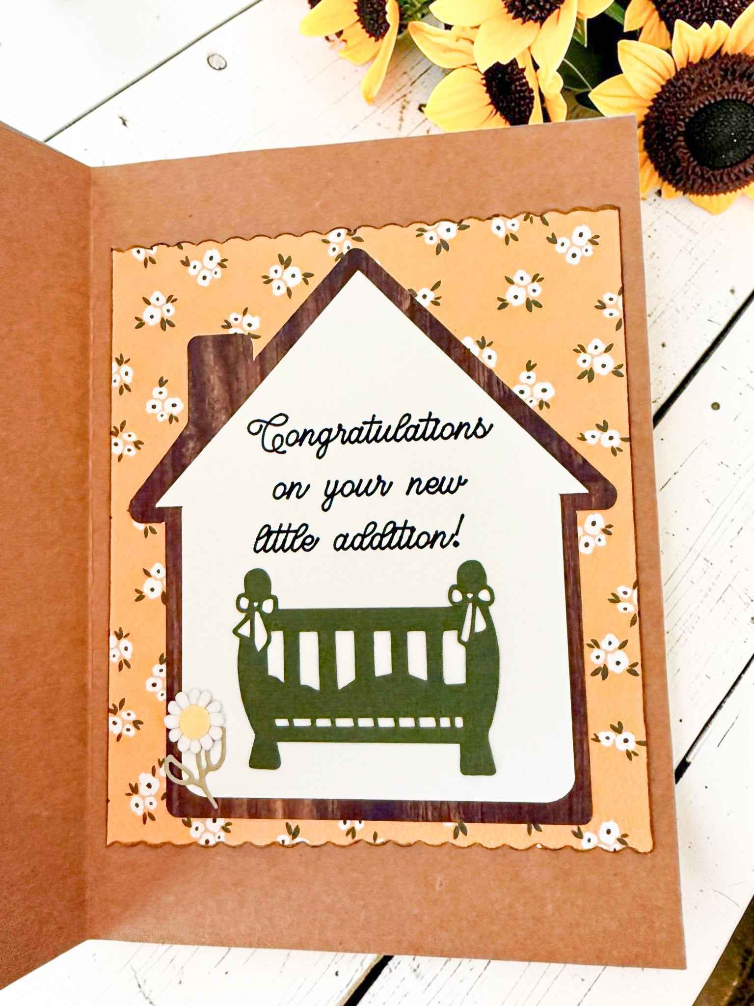 Farmhouse Whimsy sunflower baby shower greeting card with sunflower design and elegant script, perfect for celebrating a new arrival