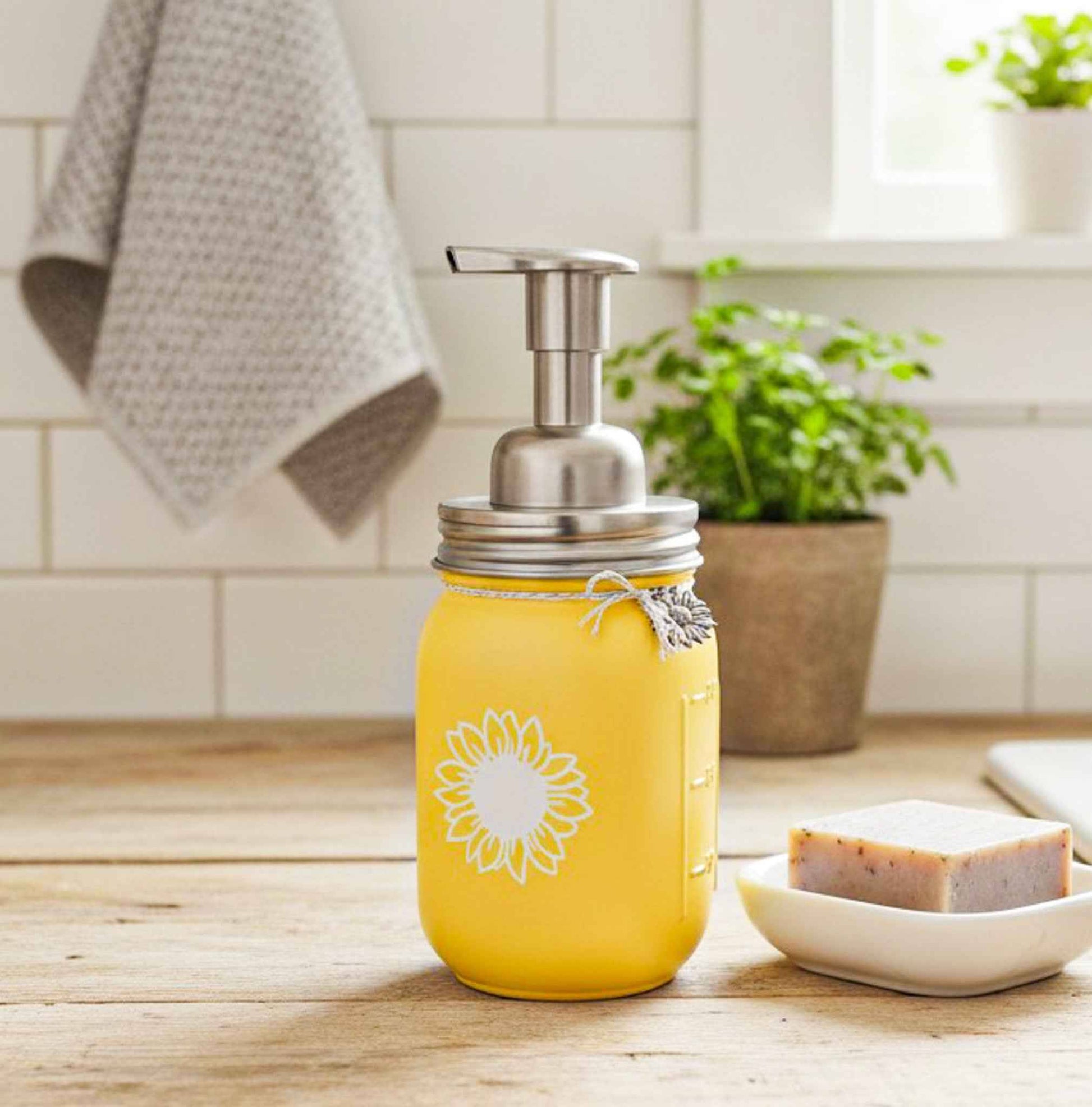 Sunflower-themed Mason Jar soap dispenser from Farmhouse Whimsy, with a rustic design and a pump top for liquid soap.