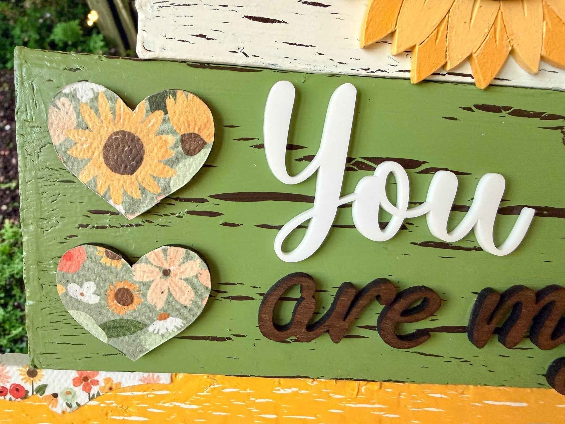 Sunflower Table Top Tier Block Set for farmhouse decor, featuring wooden blocks with sunflower designs and tiered display.