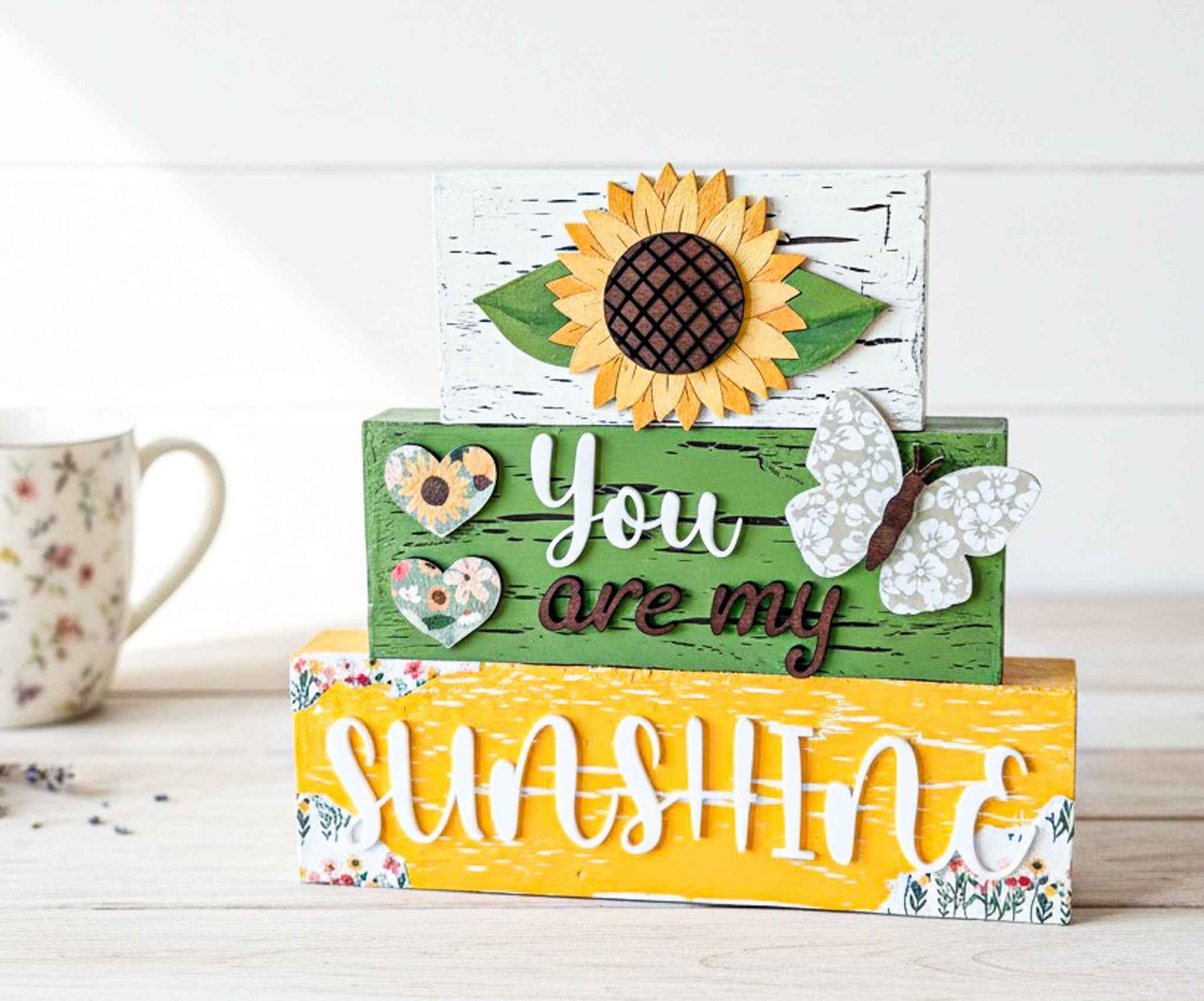 Farmhouse Whimsy sunflower table top tier block set for decor, featuring bright sunflower design on wooden blocks.
