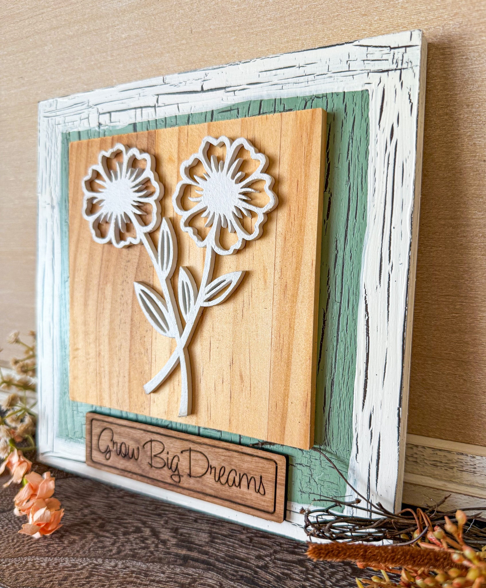 Sunflower wooden wall art by Farmhouse Whimsy featuring a bright sunflower design on rustic wood for farmhouse decor.