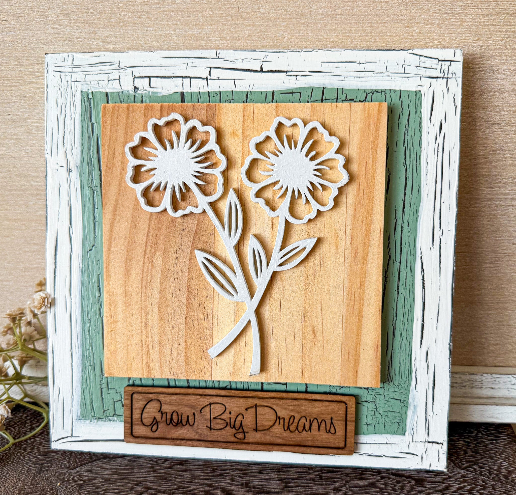 Handcrafted sunflower wooden wall art by Farmhouse Whimsy, featuring vibrant sunflower design on natural wood background.