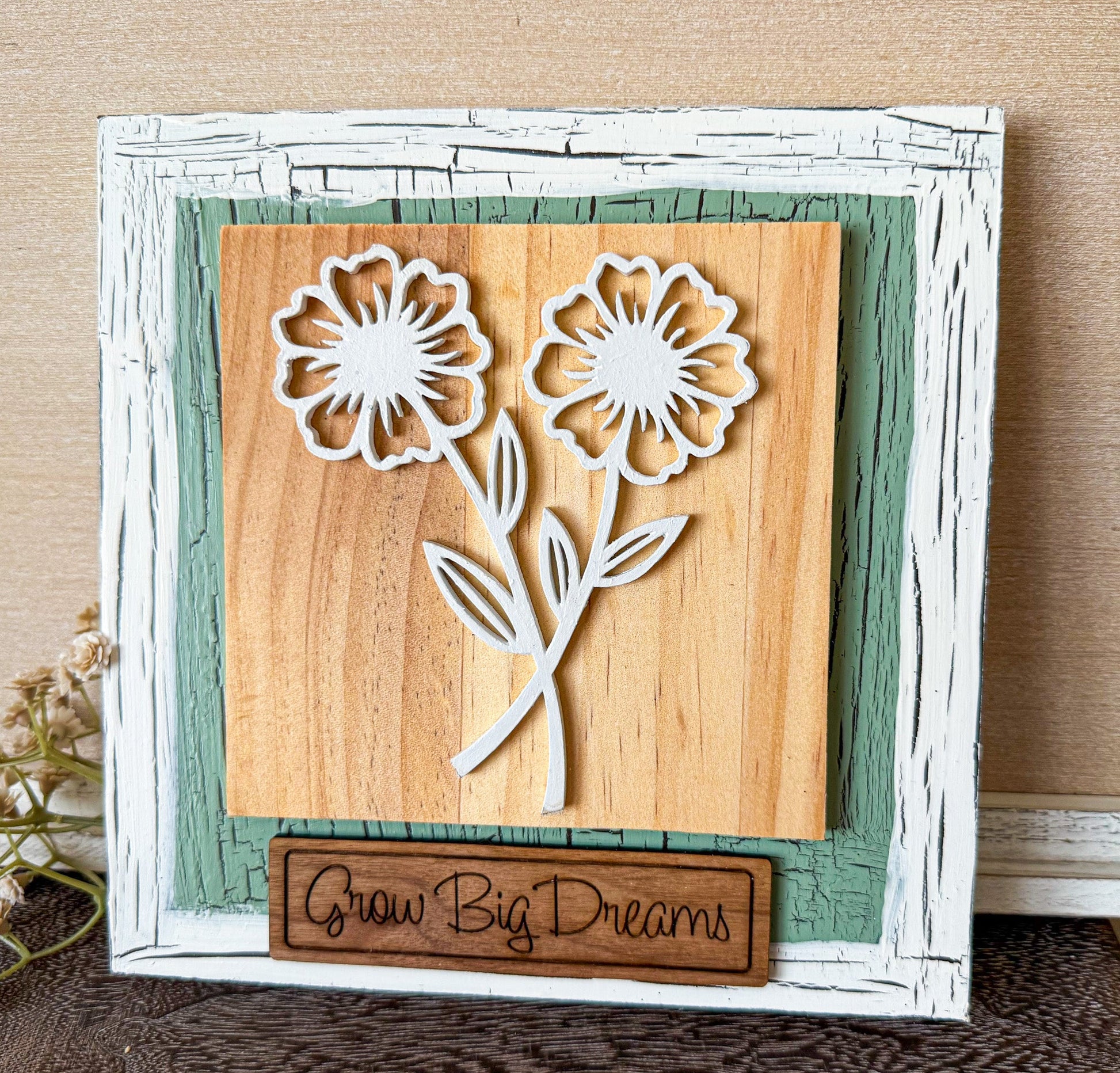 Handcrafted sunflower wooden wall art by Farmhouse Whimsy, featuring vibrant sunflower design on natural wood background.