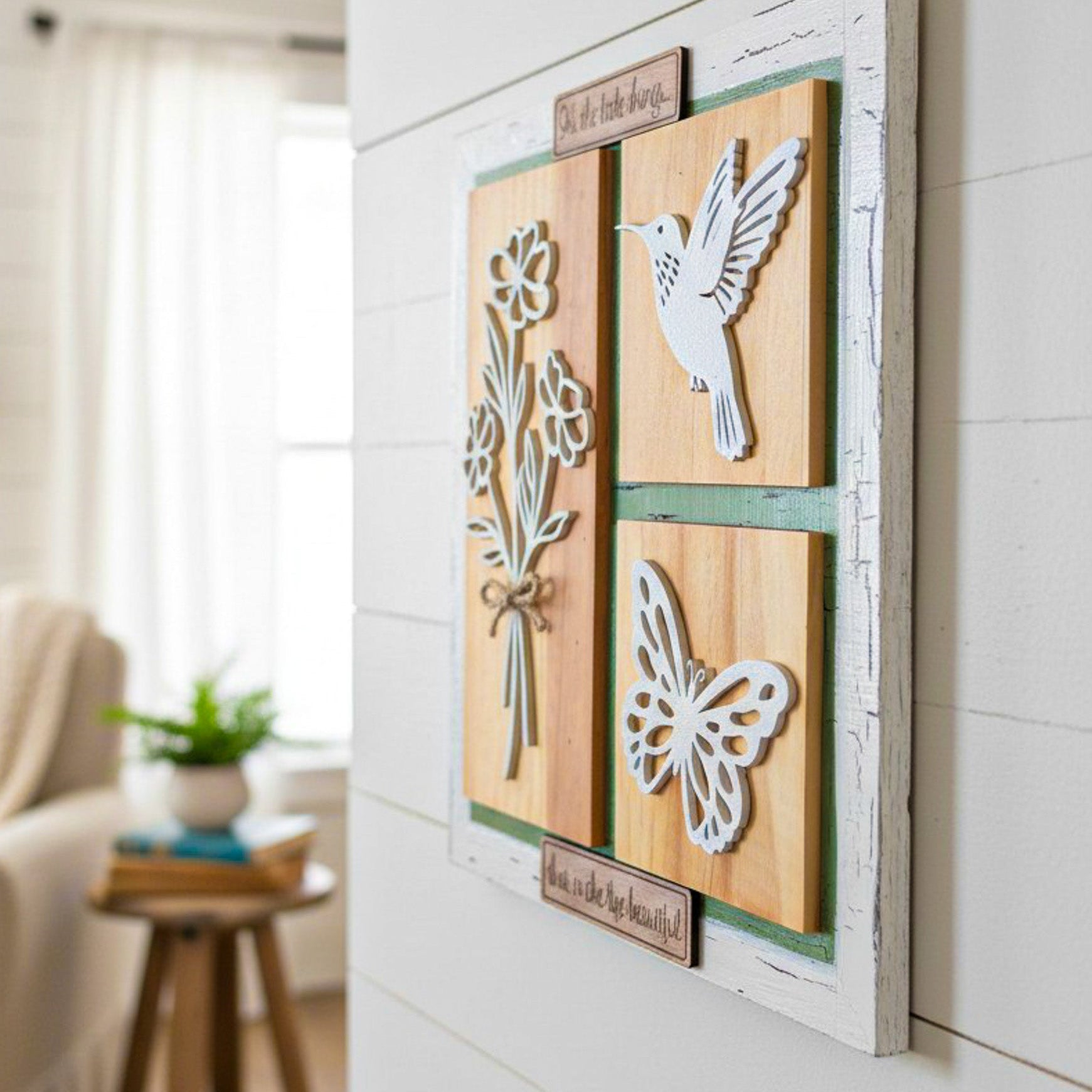 Farmhouse Whimsy wooden nature wall art featuring a rustic design on canvas, perfect for adding natural charm to home decor.