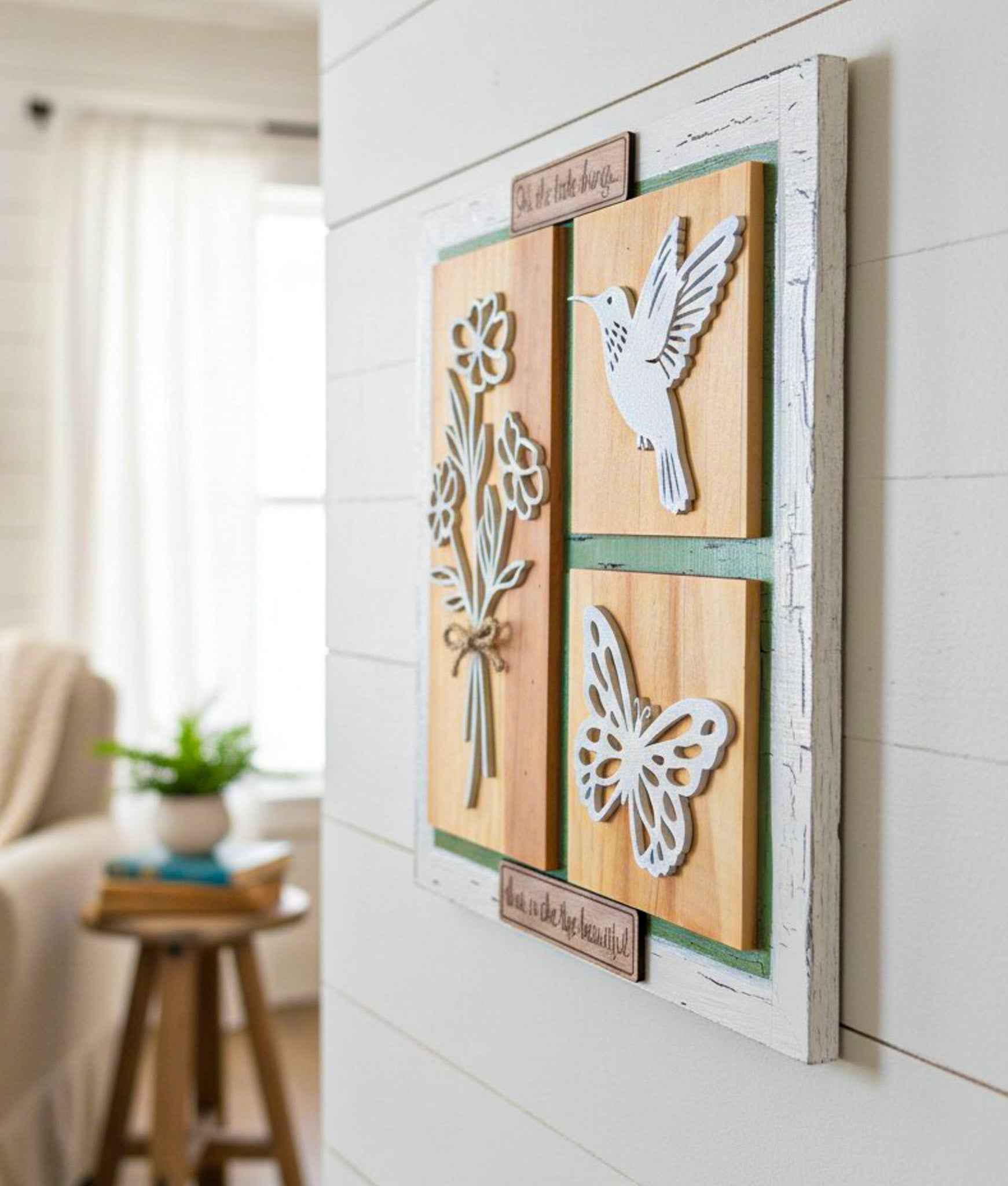 Side view of Farmhouse Whimsy Wooden Nature Wall Art featuring natural wooden panels and rustic design for wall decor.