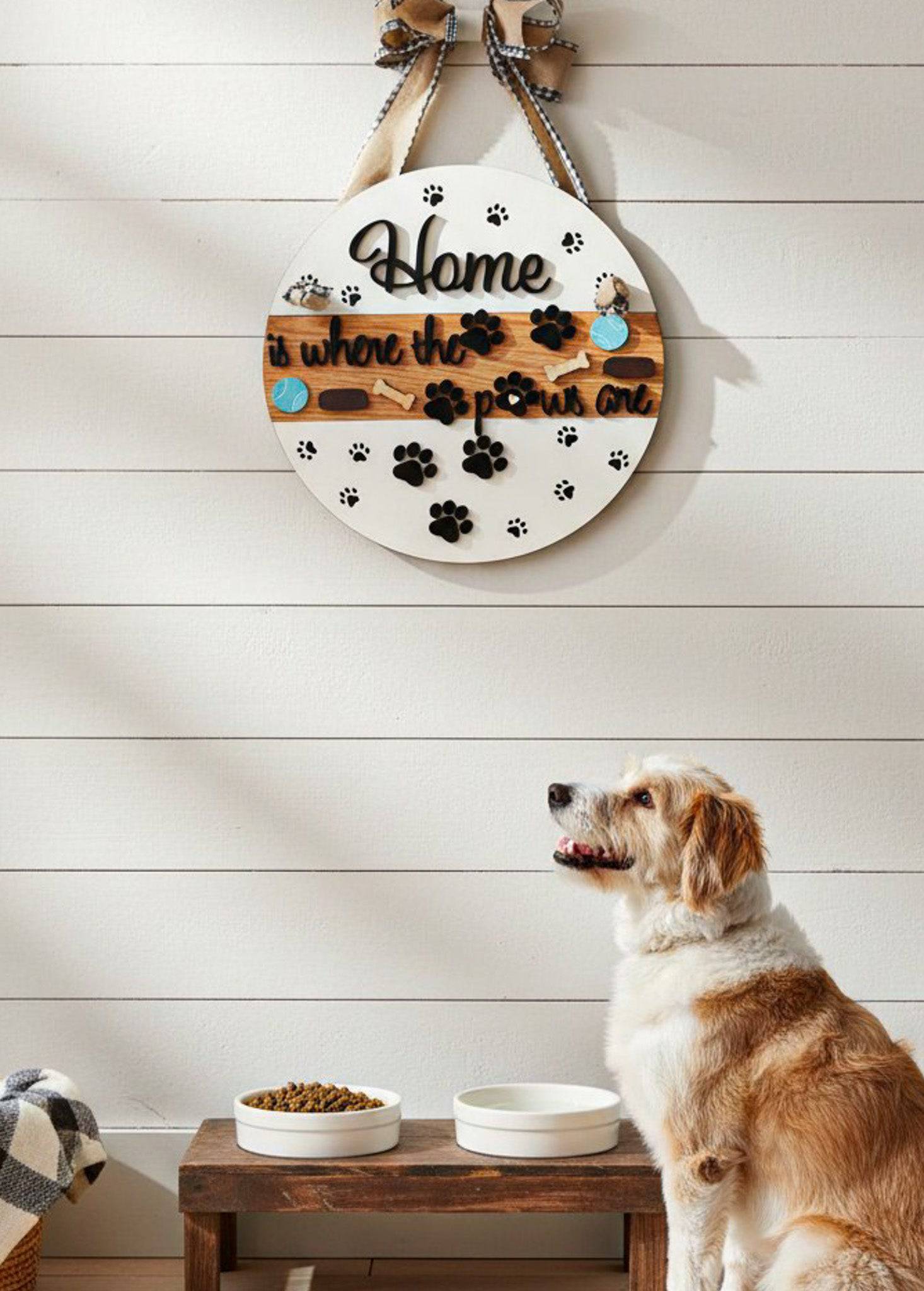 Wooden pet paws farmhouse door sign by Farmhouse Whimsy, decorative door sign for pet-friendly home decor.
